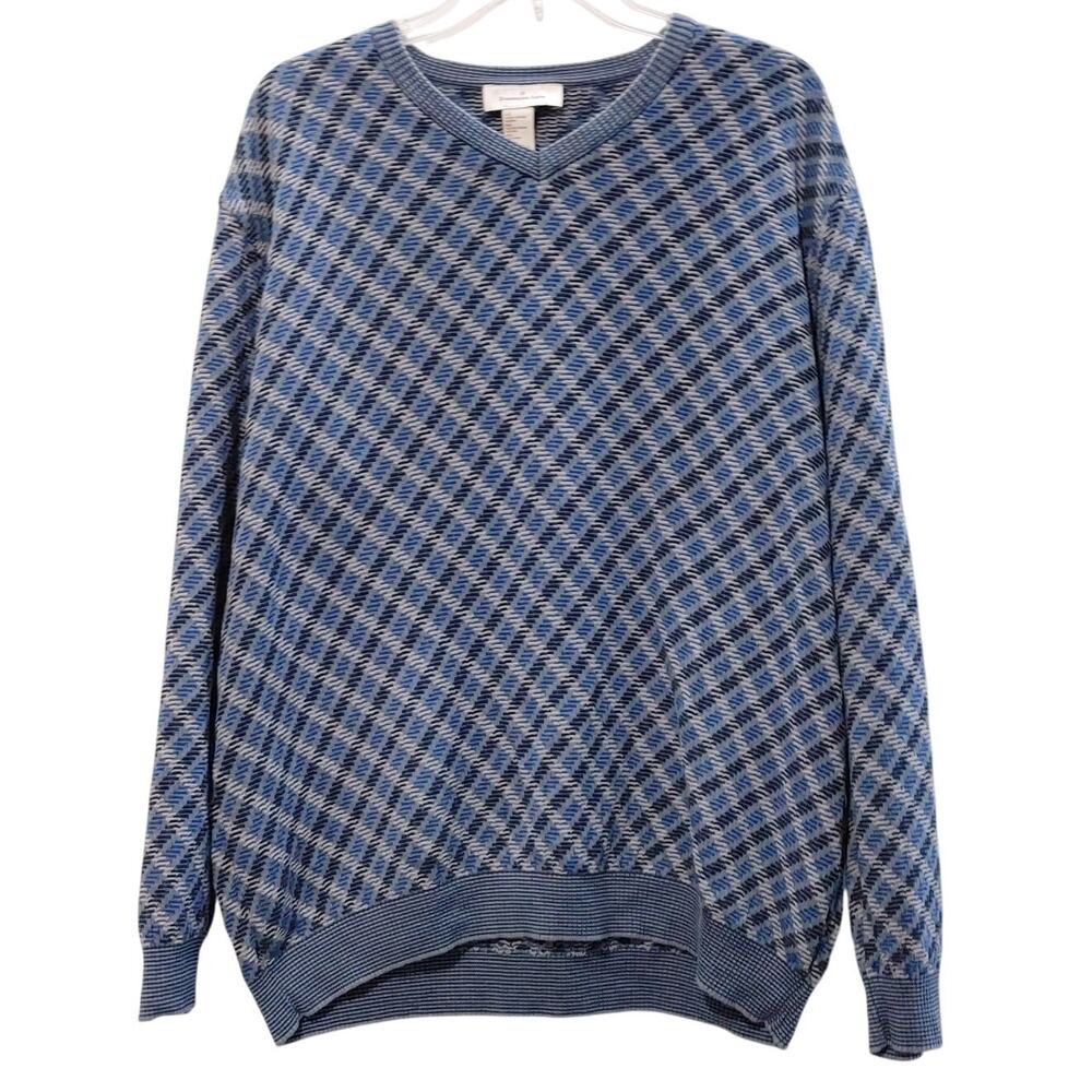 Ermenegildo Zegna V Neck Pullover Sweater Geo Plaid Blue Knit Italy Made Mens XL